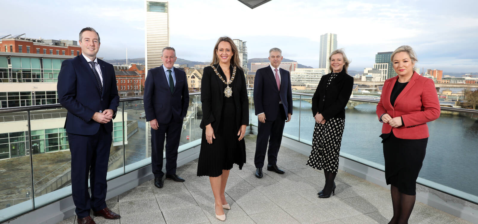 (L-R) First Minister Paul Givan, Minister for Finance Conor Murphy, Belfast Lord Mayor, Councillor Kate Nicholl, Secretary of State for Northern Ireland Brandon Lewis, Chair of the Belfast Region City Deal Executive Board Suzanne Wylie and Deputy First Minister Michelle O’Neill are pictured at ICC Belfast to mark the signing of the first City Deal for Northern Ireland.