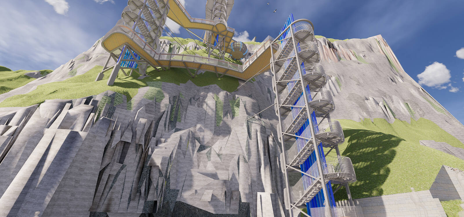 Digital render of a new spiral staircase scaling a cliff at a tourist attraction