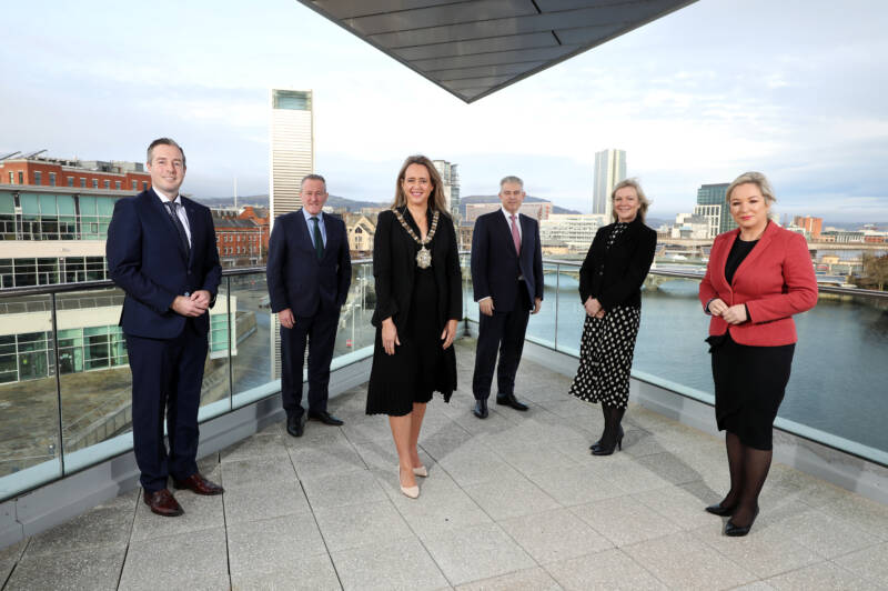 (L-R) First Minister Paul Givan, Minister for Finance Conor Murphy, Belfast Lord Mayor, Councillor Kate Nicholl, Secretary of State for Northern Ireland Brandon Lewis, Chair of the Belfast Region City Deal Executive Board Suzanne Wylie and Deputy First Minister Michelle O’Neill are pictured at ICC Belfast to mark the signing of the first City Deal for Northern Ireland.