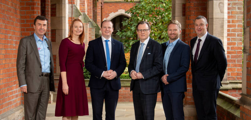 Professor Paul Maropoulos, Director of Advanced Manufacturing Centre (AMIC); Kara Bailie, Deputy Director, Belfast Region City Deal; Economy Minister Gordon Lyons; Vice-Chancellor of Queen’s University Belfast, Professor Ian Greer; incoming AMIC CEO Sam Turner and John Irwin, Chair of the AMIC Industry Board.