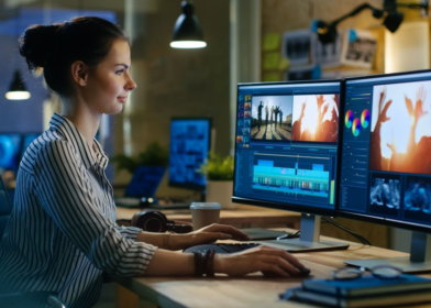 A person working at a desk with dual computer screens