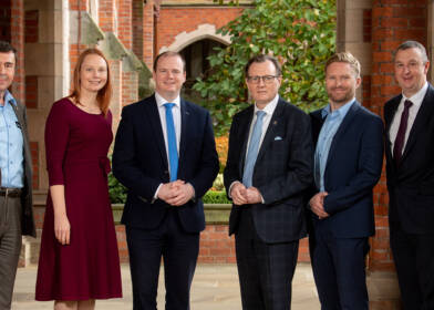 Professor Paul Maropoulos, Director of Advanced Manufacturing Centre (AMIC); Kara Bailie, Deputy Director, Belfast Region City Deal; Economy Minister Gordon Lyons; Vice-Chancellor of Queen’s University Belfast, Professor Ian Greer; incoming AMIC CEO Sam Turner and John Irwin, Chair of the AMIC Industry Board.
