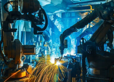 Robotic arms working on a assembly line creating sparks