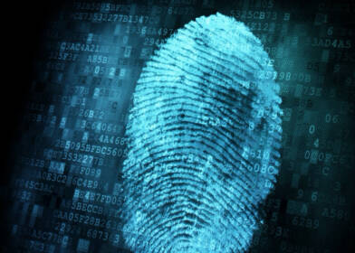 Render of a blue digital thumbprint with a computer code background