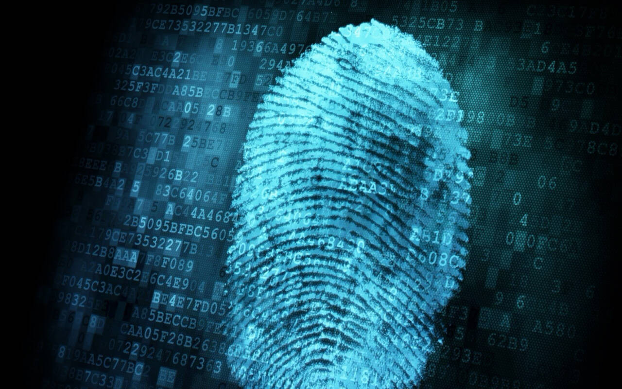 Render of a blue digital thumbprint with a computer code background